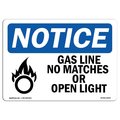 Signmission OSHA Sign, 10" H, 14" W, Aluminum, Gas Line No Matches Or Open Lights Sign With Symbol, Landscape OS-NS-A-1014-L-13004